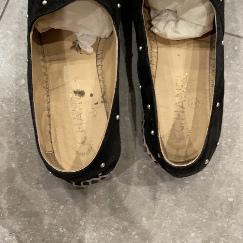 Chanel black espadrilles with pearls